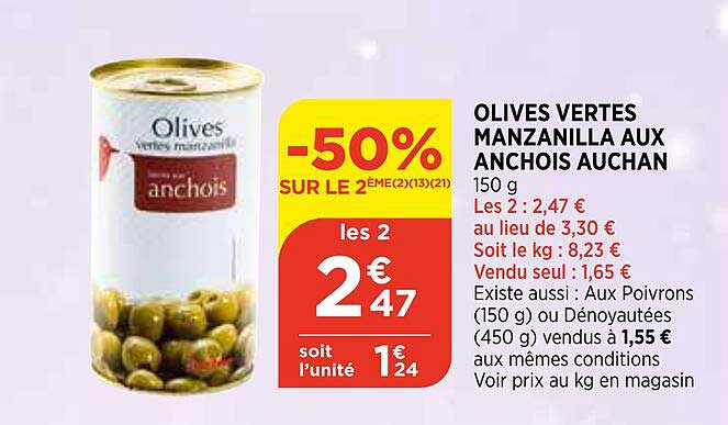olives vertes manzanilla aux anchois auchan
