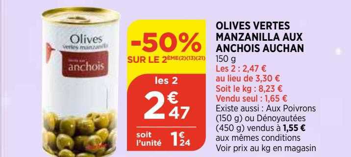 olives vertes manzanilla aux anchois auchan