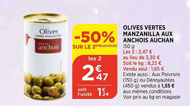 olives vertes manzanilla aux anchois auchan