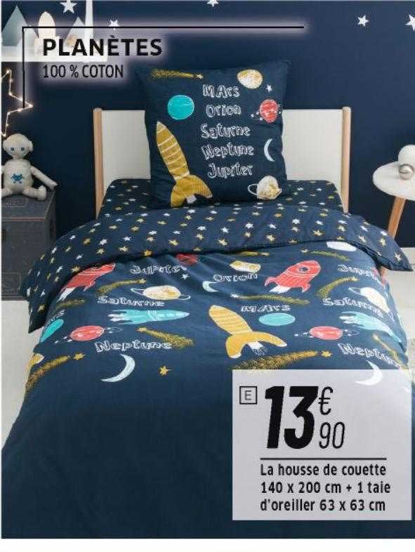 la housse de couette 140 x 200 cm + 1 taie d'oreiller 63 x 63 cm planètes
