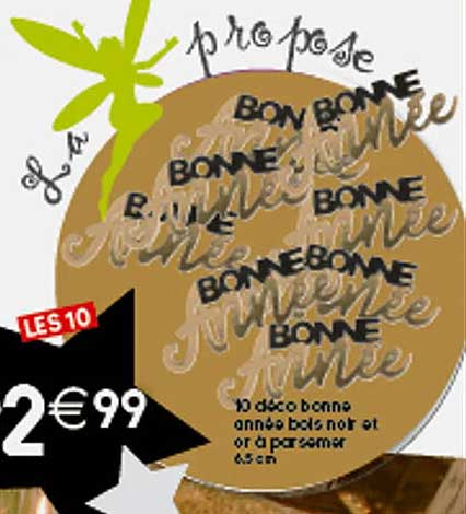 10 déco bonne année bois noir et or à parsemer 6.5cm