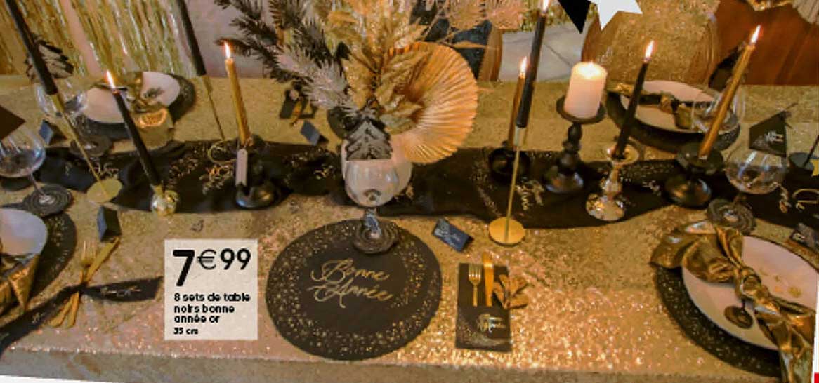 8 sets de table noirs bonne année or 35cm