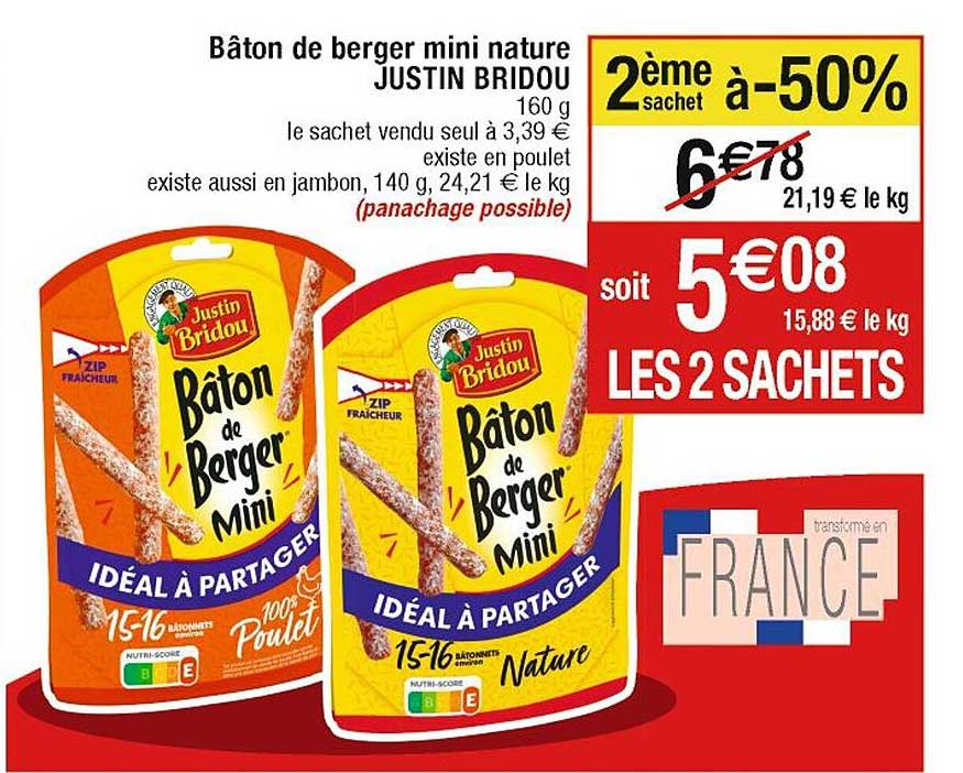 bâton de berger mini nature justin bridou 2ème sachet à -50%