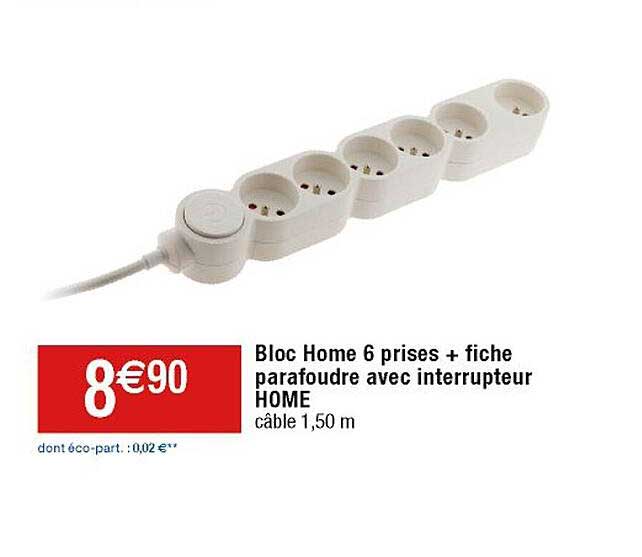 bloc home 6 prises + fiche parafoudre avec interrupteur home