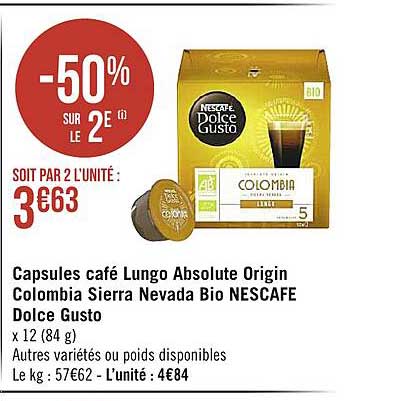 capsules café lungo absolute origin colombia sierra nevada bio nescafé dolce gusto