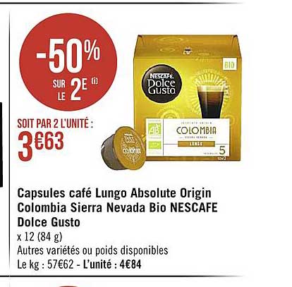 capsules café lungo absolute origin colombia sierra nevada bio nescafe dolce gusto