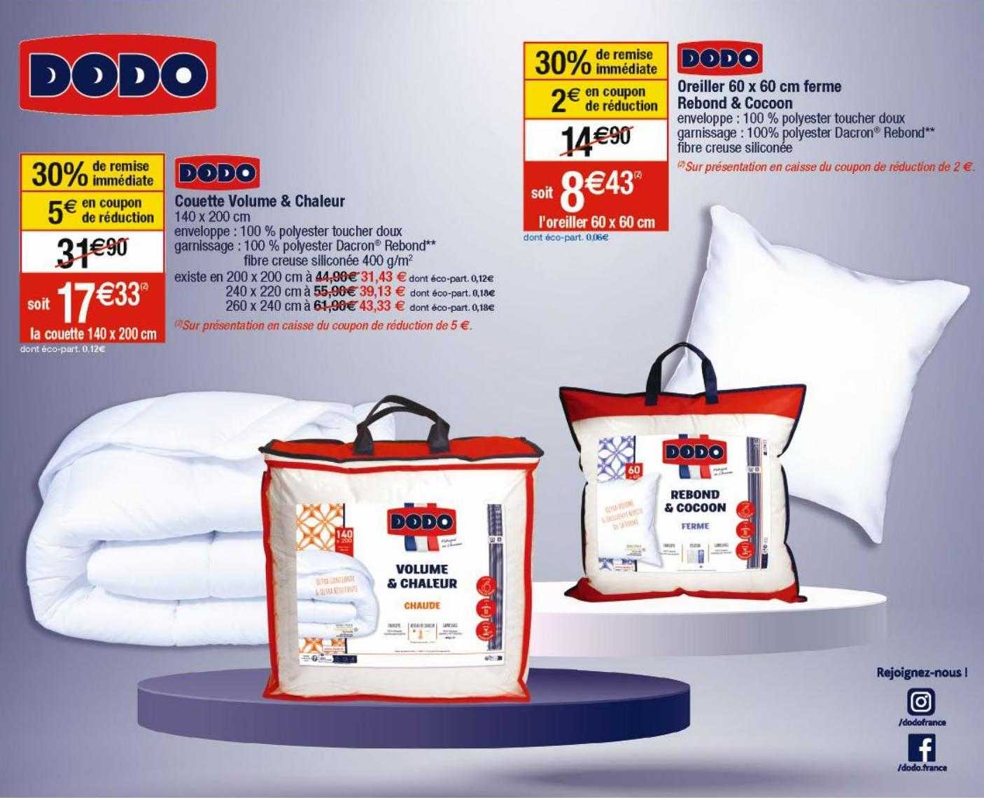 couette volume & chaleur dodo, oreiller 60 x 60 cm forme rebond & cocoon dodo