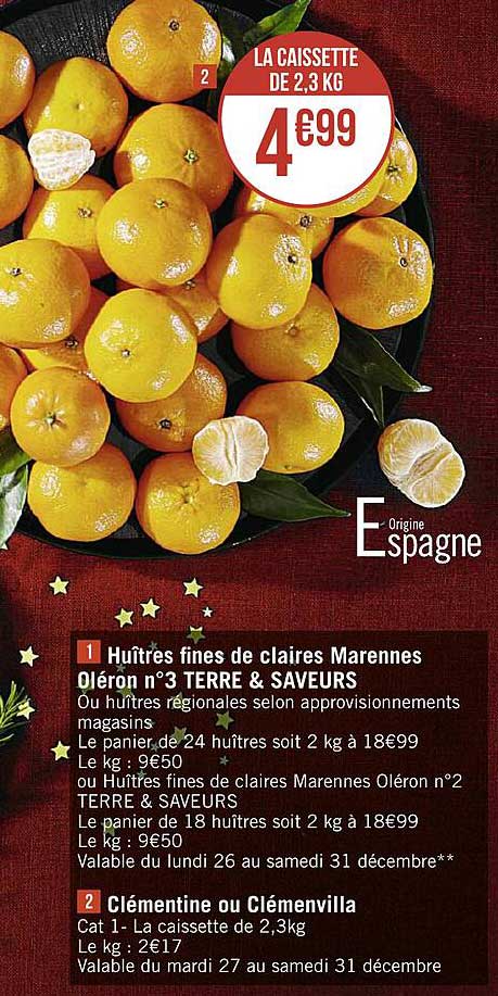 huîtres fines de claires marennes oléron n°3 terre & saveurs ou clémentine ou clémenvilla