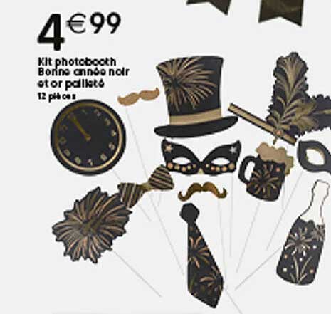 kit  photobooth bonne année noir et or palleté