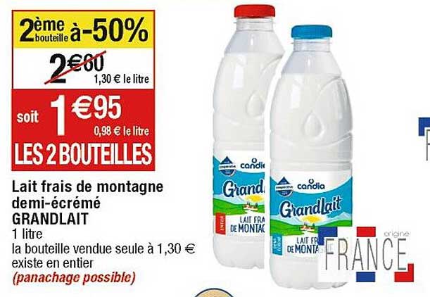 lait frais de montagne demi-écrémé grandlait 2ème bouteille à -50%
