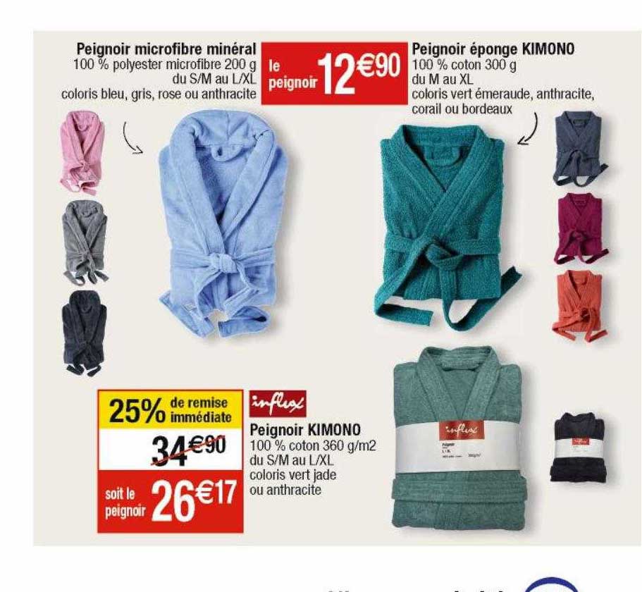 peignoir microfibre minéral, peignoir éponge kimono, peignoir kimono influx