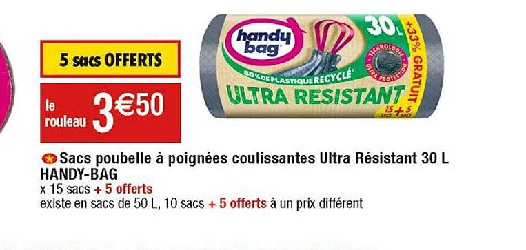 sacs poubelle à poignées coulissantes ultra résistant 30l handy-bag
