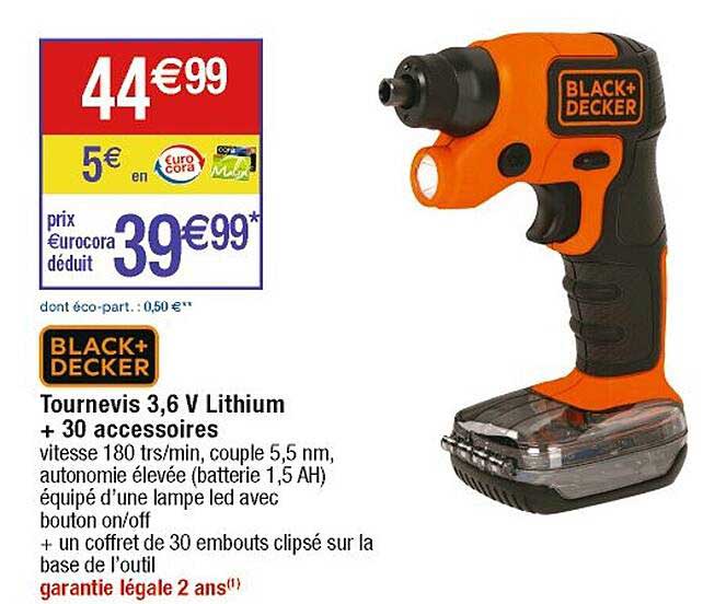 tournevis 3,6v lithium + 30 accessoires black + decker