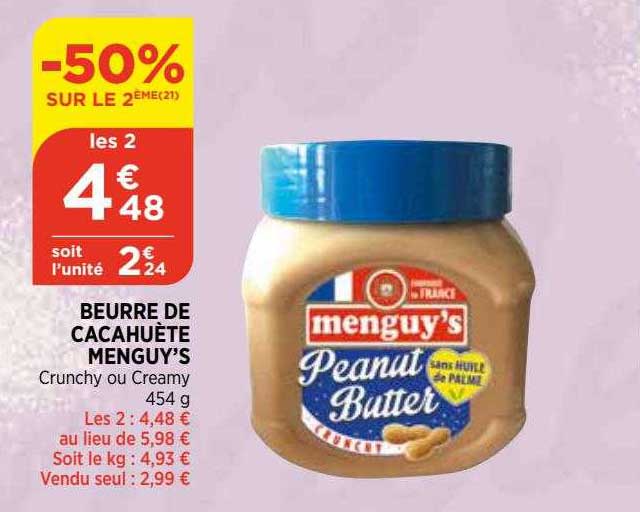 beurre de cacahuète menguy's -50% sur le 2eme