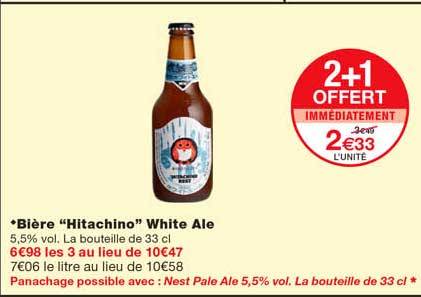 bière "hitachino" white ale 2+1 offert immédiatement