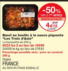 boeuf au basilic à la sauce piquante "les trois d'asie" -50% sur le 2eme article immédiatement