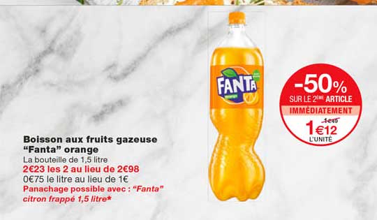 boisson aux fruits gazeuse "fanta" orange -50% sur le 2eme article immédiatement