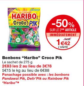 bonbons "haribo" croco pik -50% sur le 2eme article immédiatement