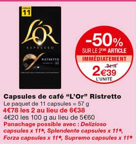 capsules de café "l'or" ristretto -50% sur le 2eme article immédiatement