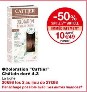 coloration "cattier" châtain doré 4.3 -50% sur le 2eme article immédiatement