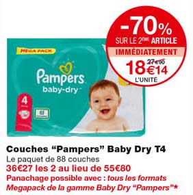 couches "pampers" baby dry t4 -70% sur le 2eme article immédiatement