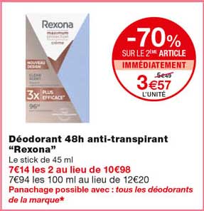 déodorant 48h anti-transpirant "rexona" -70% sur le 2eme article immédiatement