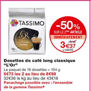 dosettes de café long classique "l'or" -50% sur le 2eme article immédiatement