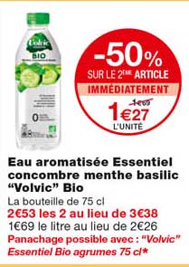 eau aromatisée essentiel concombre menthe basilic "volvic" bio -50% sur le 2eme article immédiatement