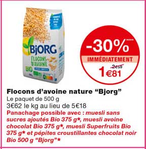 flocons d'avoine nature "bjorg" -30% immédiatement