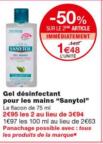 gel désinfectant pour les mains "sanytol" -50% sur le 2eme article immédiatement