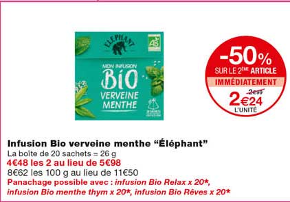 infusion bio verveine menthe "élephant" -50% sur le 2eme article immédiatement