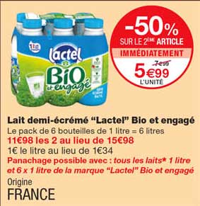 lait demi-écrémé "lactel" bio et engagé -50% sur le 2eme article immédiatement