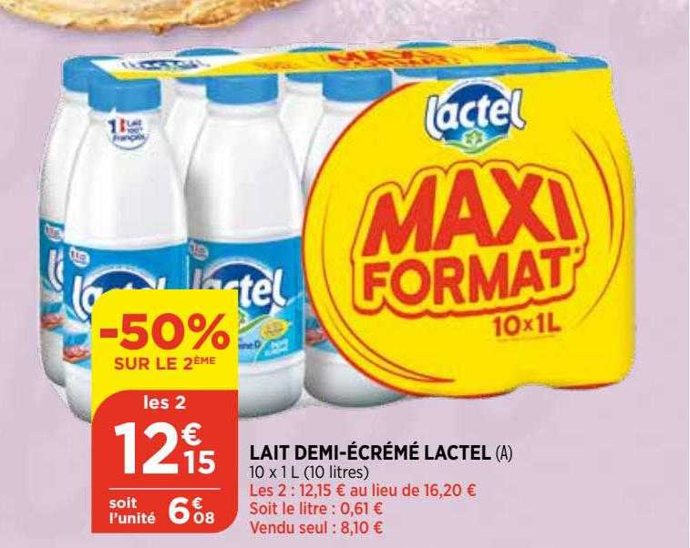 lait demi-écrémé lactel -50% sur le 2eme