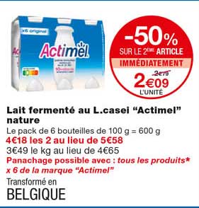 lait fermenté au l. casei "actimel" nature -50% sur le 2eme article immédiatement