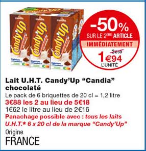 lait u.h.t. candy'up "candia" chocolaté -50% sur le 2eme article immédiatement