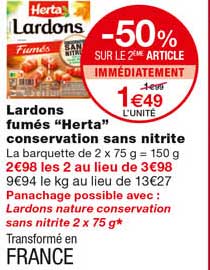 lardons fumés "herta" conservation sans nitrite -50% sur le 2eme article immédiatement