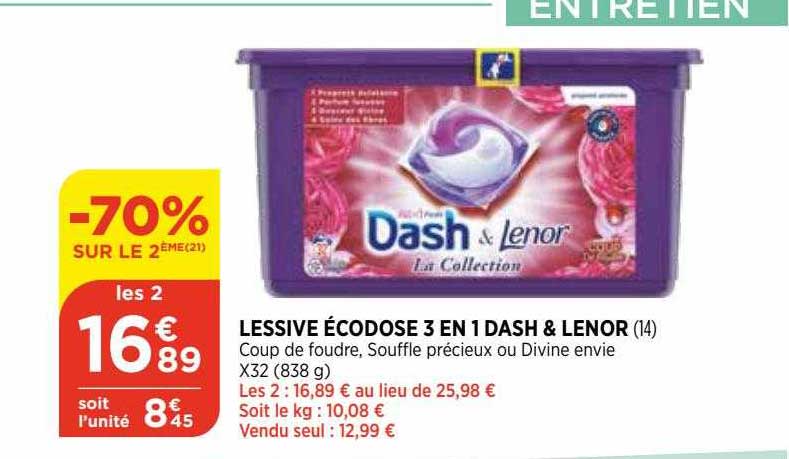 lessive écodose 3 en 1 dash & lenor -70% sur le 2eme