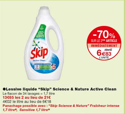 lessive liquide '"skip" science & nature active clean -70% sur le 2eme article immédiatement