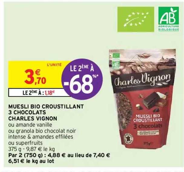muesli bio croustillant 3 chocolats charles vignon