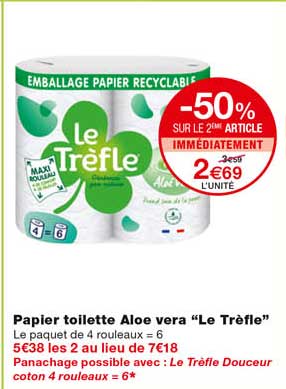 papier toilette aloe vera "le trèfle" -50% sur le 2eme article immédiatement