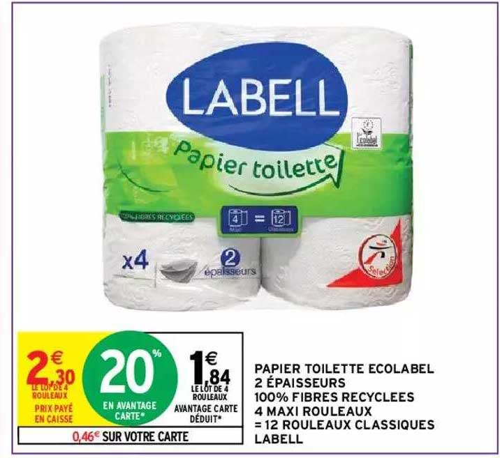 papier toilette écolabel 2 épaisseurs 100% fibres recyclées 4 maxi rouleaux = 12 rouleaux classiques labell