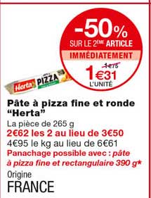 pâte à pizza fine et ronde "herta" -50% sur le 2eme article immédiatement