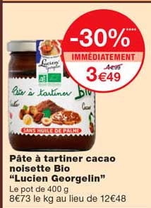 pâte à tartiner cacao noisette bio "lucien georgelin" -30% immédiatement