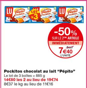 pockitos chocolat au lait "pépito" -50% sur le 2eme article immédiatement