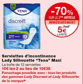 serviettes d'incontinence lady silhouette "tena" maxi -70% sur le 2eme article immédiatement