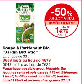 soupe à l'artichaut bio "jardin bio étic" -50% sur le 2eme article immédiatement