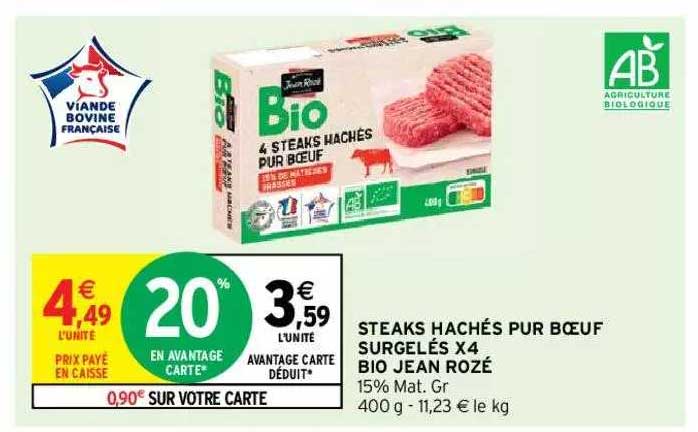 steaks hachés pur bœuf surgelés x4 bio jean rozé
