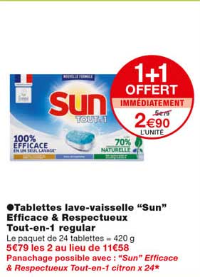tablettes lave-vaisselle "sun" efficace " respectueux tout-en-1 regular 1+1 offert immédiatement