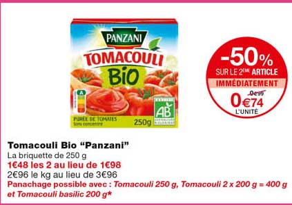 tomacouli bio "panzani" -50% sur le 2eme article immédiatement