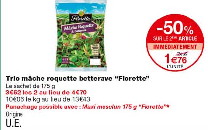 trio mâche roquette betterave "florette" -50% sur le 2eme article immédiatement